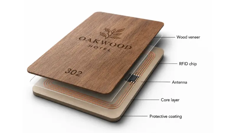 Close-up structure of an RFID wooden hotel key card showing wood veneer, chip, antenna, core layer, and protective coating
