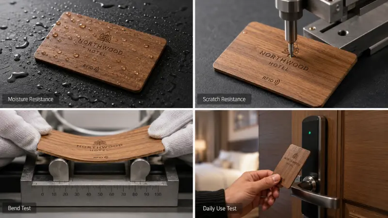 Durability testing of wooden RFID hotel key cards for moisture, scratches, bending, and daily use